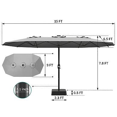 15FT Large Outdoor Patio Umbrella with base, Double-Sided Crank Lift with Tilt Function