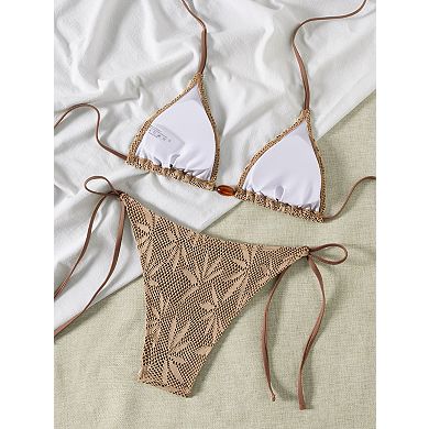 Boho Two Piece Bikini Set for Women Tie Triangle Bathing Suit Hollow Out Textured Swimwear