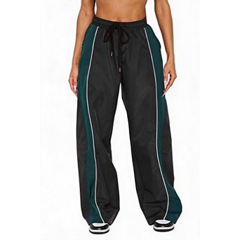 Women Drawstring Elastic Waist Wide Leg Track Pants, Side Striped Loose Straight Athletic Trousers