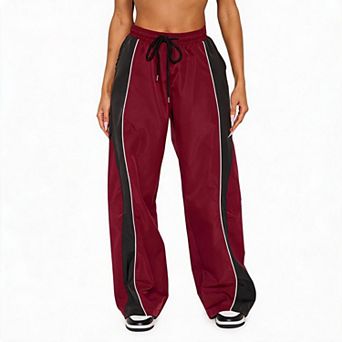 Women Drawstring Elastic Waist Wide Leg Track Pants, Side Striped Loose Straight Athletic Trousers