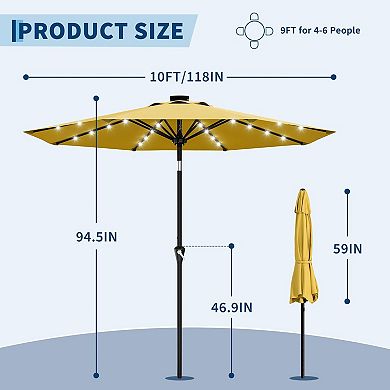 10FT 32 LED Solar Patio Umbrella with Crank Lift and Push Button Tilt