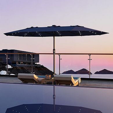 15FT Rectangular Patio Umbrella with Solar Lights and Base Included