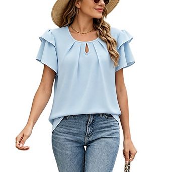 Women's Round Keyhole Neck Ruffle Flutter Short Sleeve Chiffon Blouse Loose Casual Top