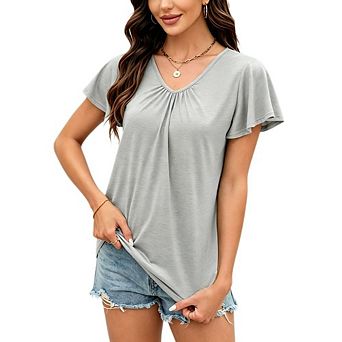 Women's V Neck Tunic Top Flutter Short Sleeve Loose Fit Elegant Casual Blouse