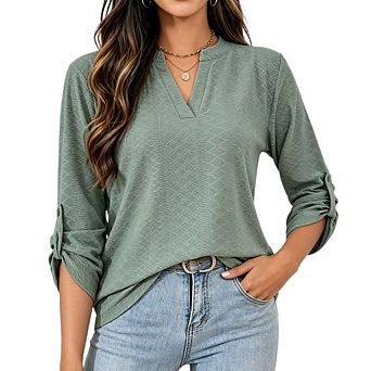 Women's 3/4 Sleeve V Neck Textured Blouse Dressy Causal Roll Tab Loose Fit Top