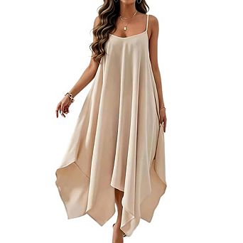 Women's Spaghetti Strap Satin Midi Dress Casual Loose Fit Asymmetric Hem Dresses for Beach