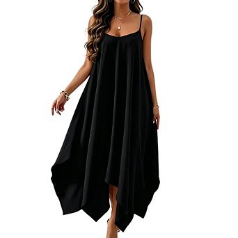 Women's Spaghetti Strap Satin Midi Dress Casual Loose Fit Asymmetric Hem Dresses for Beach