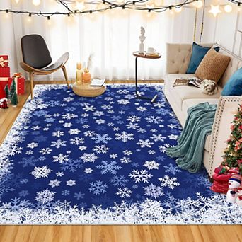 lxt-Christmas Snowflake Rug Washable Rug with Non Slip TPR Backing