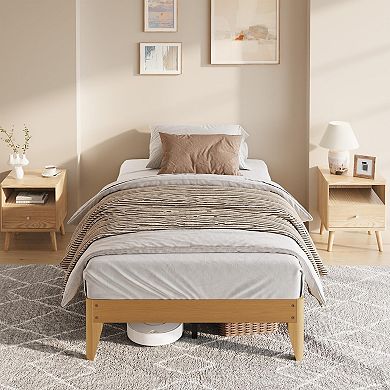 Wood Platform Bed Frame, Wooden Legs and Wooden Slats Support, Sturdy Metal Central Structure