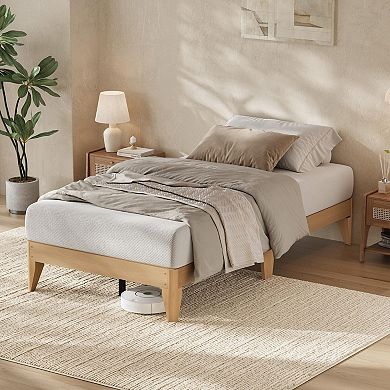 Wood Platform Bed Frame, Wooden Legs and Wooden Slats Support, Sturdy Metal Central Structure