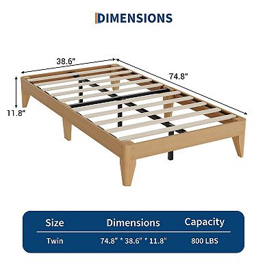 Wood Platform Bed Frame, Wooden Legs and Wooden Slats Support, Sturdy Metal Central Structure