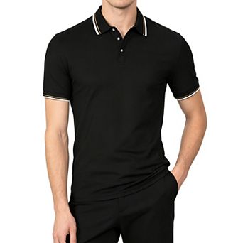 Men's Short Sleeve Polo Shirt Casual Breathable Striped Trim Collar Golf T Shirt for Summer