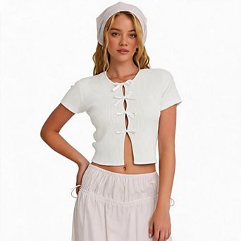 Women Ribbed Knit Crop Top, Front Self Tie Bow Short Sleeve Crew Neck Casual Tee