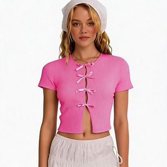 Women Ribbed Knit Crop Top, Front Self Tie Bow Short Sleeve Crew Neck Casual Tee
