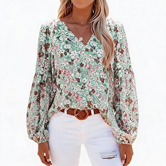 Women Ditsy Floral V Neck Blouse, Long Puff Sleeve Loose Casual Tunic Top