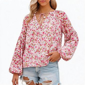 Women Ditsy Floral V Neck Blouse, Long Puff Sleeve Loose Casual Tunic Top