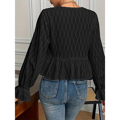 Women's Long Sleeve Tie Front Peplum Blouse, Casual Textured Flounce Hem Top