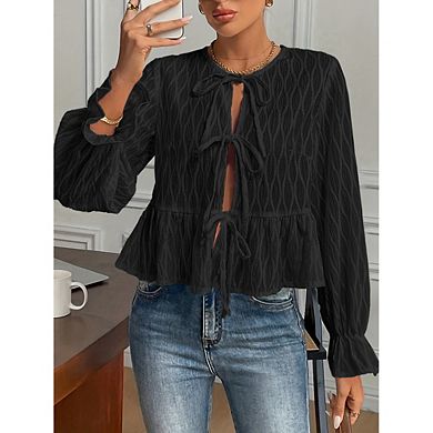 Women's Long Sleeve Tie Front Peplum Blouse, Casual Textured Flounce Hem Top