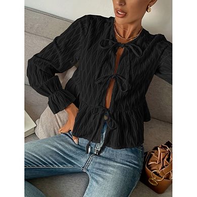 Women's Long Sleeve Tie Front Peplum Blouse, Casual Textured Flounce Hem Top
