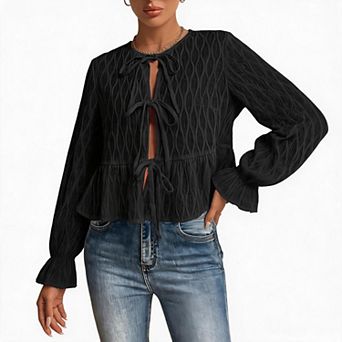 Women's Long Sleeve Tie Front Peplum Blouse, Casual Textured Flounce Hem Top