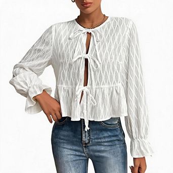 Women's Long Sleeve Tie Front Peplum Blouse, Casual Textured Flounce Hem Top