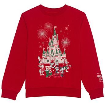 Adult Disney Holiday Ever After Mickey & Friends Castle Fleece Graphic Pullover