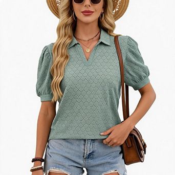 Women's Polo Neck Eyelet Puff Sleeve Blouse, Casual V-Neck Top