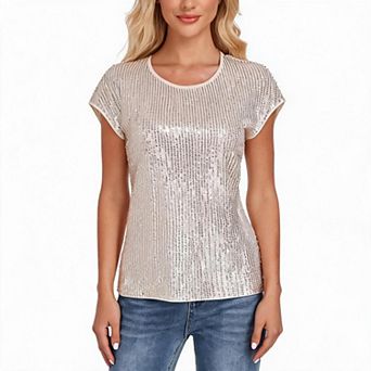 Women's Sequin Cap Sleeve Top Round Neck Blouse for Party Night Out