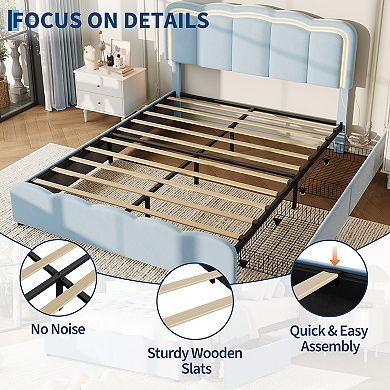 Upholstered Platform Bed Frame, Bed Frame w/LED Lights, Adjustable Headboard, 2 Storage Drawers