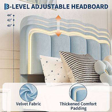 Upholstered Platform Bed Frame, Bed Frame w/LED Lights, Adjustable Headboard, 2 Storage Drawers