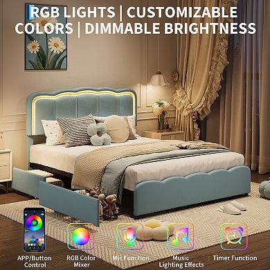 Upholstered Platform Bed Frame, Bed Frame w/LED Lights, Adjustable Headboard, 2 Storage Drawers
