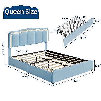 Upholstered Platform Bed Frame, Bed Frame w/LED Lights, Adjustable Headboard, 2 Storage Drawers