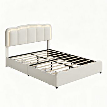 Upholstered Platform Bed Frame, Bed Frame w/LED Lights, Adjustable Headboard, 2 Storage Drawers
