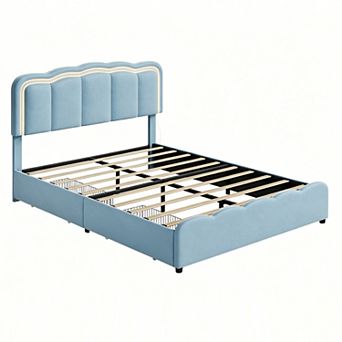 Upholstered Platform Bed Frame, Bed Frame w/LED Lights, Adjustable Headboard, 2 Storage Drawers