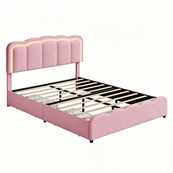 Upholstered Platform Bed Frame, Bed Frame w/LED Lights, Adjustable Headboard, 2 Storage Drawers