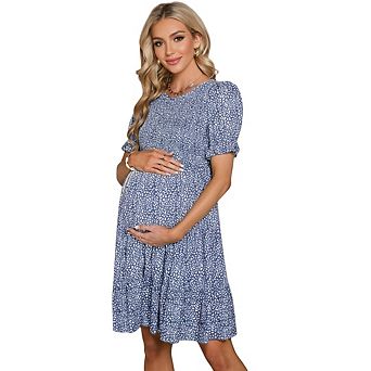 Women Maternity Casual Short Sleeve Round Neck Tiered Ruffle Hem Midi Dress