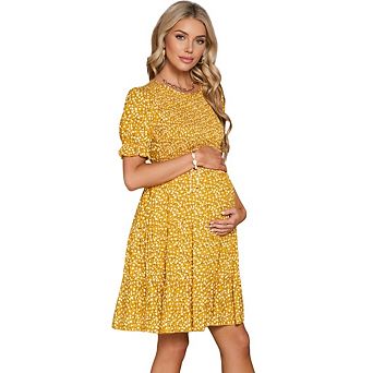 Women Maternity Casual Short Sleeve Round Neck Tiered Ruffle Hem Midi Dress