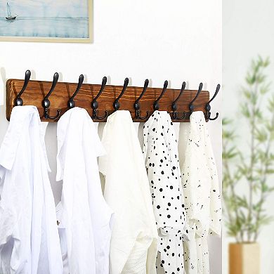 Coat Rack Wall Mount 38 9/16" Long 10 Tri Hooks 16" Stud Spacing Solid Wood 30 Hooks Entryway