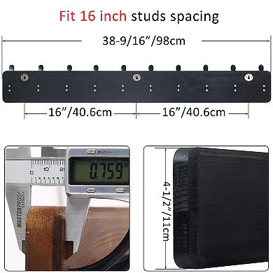 Coat Rack Wall Mount 38 9/16" Long 10 Tri Hooks 16" Stud Spacing Solid Wood 30 Hooks Entryway