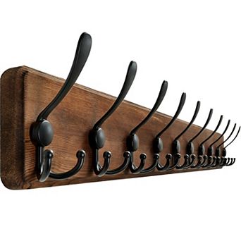 Coat Rack Wall Mount 38 9/16" Long 10 Tri Hooks 16" Stud Spacing Solid Wood 30 Hooks Entryway