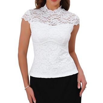 Women's Lace Top for Evening Mock Neck Cap Sleeve Fitted Vintage Dressy Top