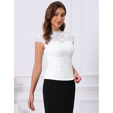 Women's Lace Top for Evening Mock Neck Cap Sleeve Fitted Vintage Dressy Top