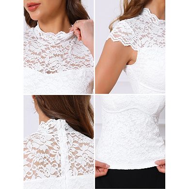Women's Lace Top for Evening Mock Neck Cap Sleeve Fitted Vintage Dressy Top