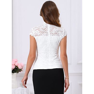 Women's Lace Top for Evening Mock Neck Cap Sleeve Fitted Vintage Dressy Top