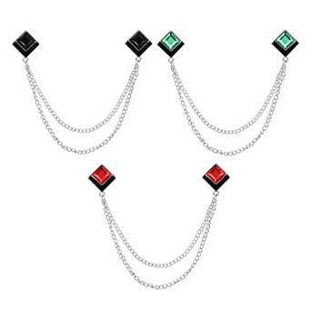 3 pc Gem Chain Brooch Pins, Hanging Chain Suit Pin Tassel Square Crystal Badge Lapel Collar Pins