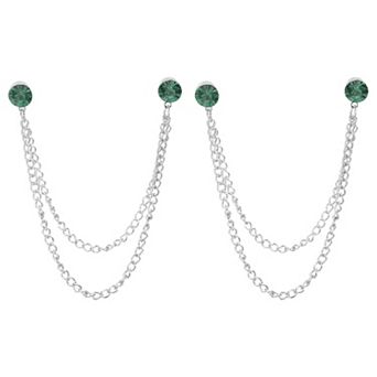 2 pc Rhinestone Chain Brooch Pins, Round Crystal Tassel Chain Hanging Crystal Lapel Suit Pins