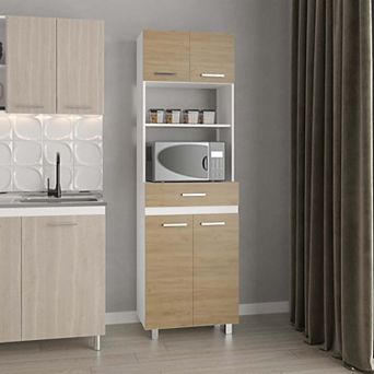 Beggs Kitchen Pantry, 4 Doors, 1 Drawer, 4 Legs, 4 Shelves, Natural Oak / White