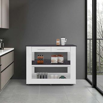Delos Kitchen Island, 2 Drawers, 6 Wheels, 2 Shelves, White / Black Wengue