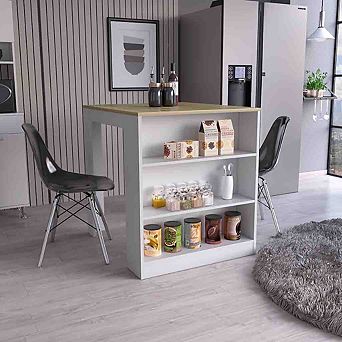 Milos Kitchen Island Table, Two Legs, Three Side Shelves, White / Pine
