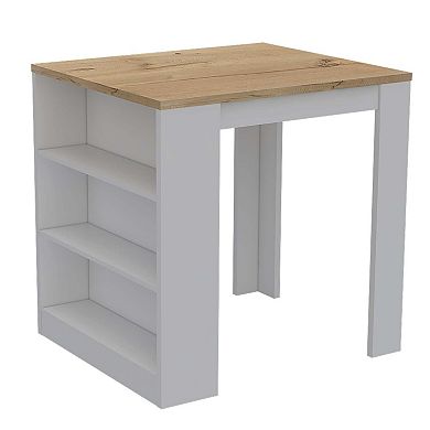 Milos Kitchen Island Table, Two Legs, Three Side Shelves, White / Pine